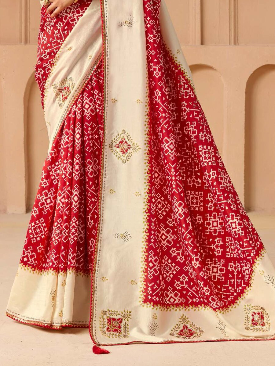 Red Silk Printed Stone Work Wedding Reception Party Festival Casual Heavy Border Sarees
