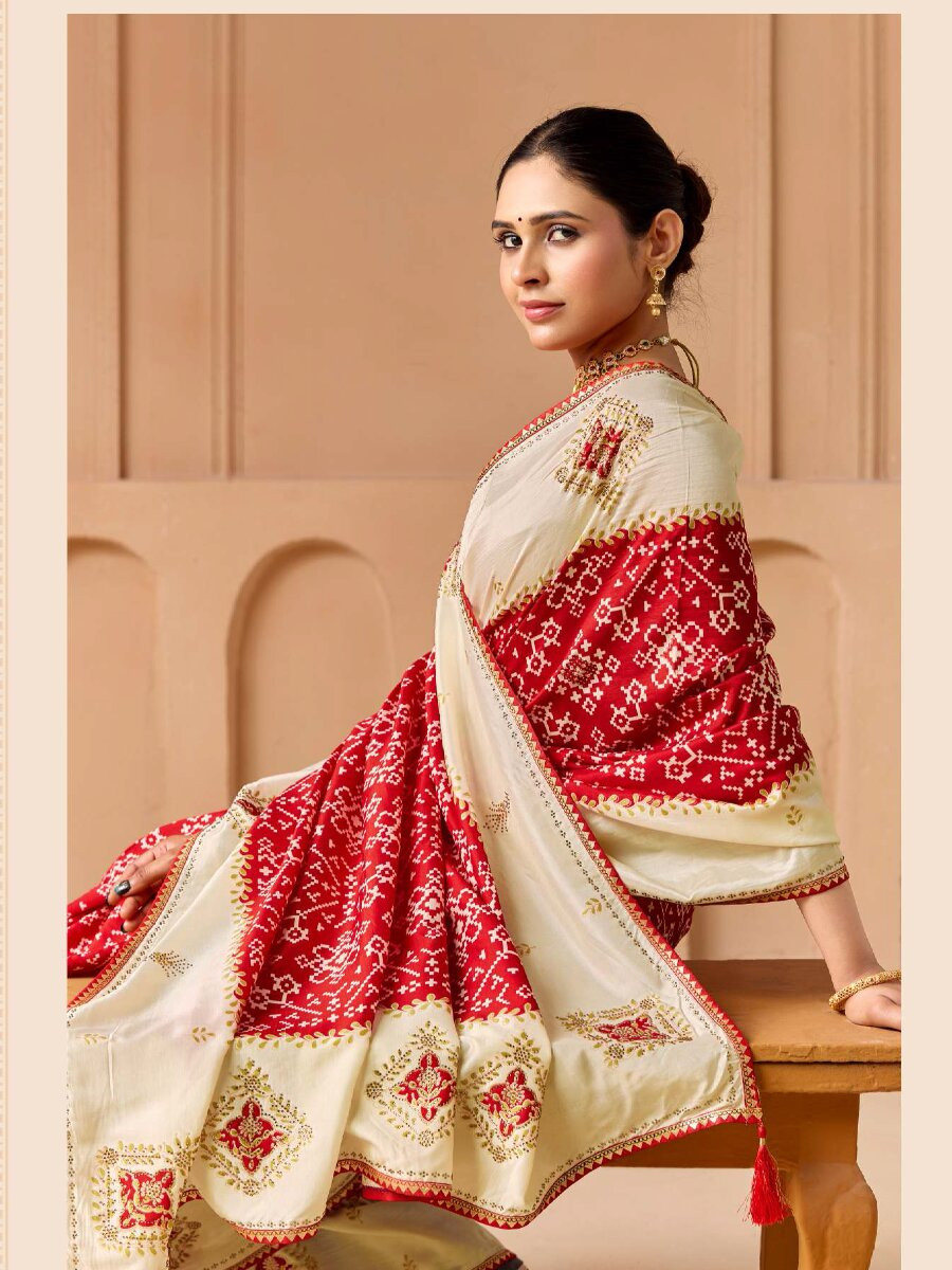 Red Silk Printed Stone Work Wedding Reception Party Festival Casual Heavy Border Sarees