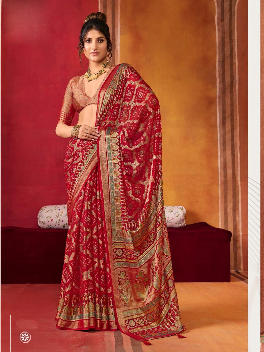 Red Silk Printed Wedding Reception Party Festival Casual Heavy Border Sarees
