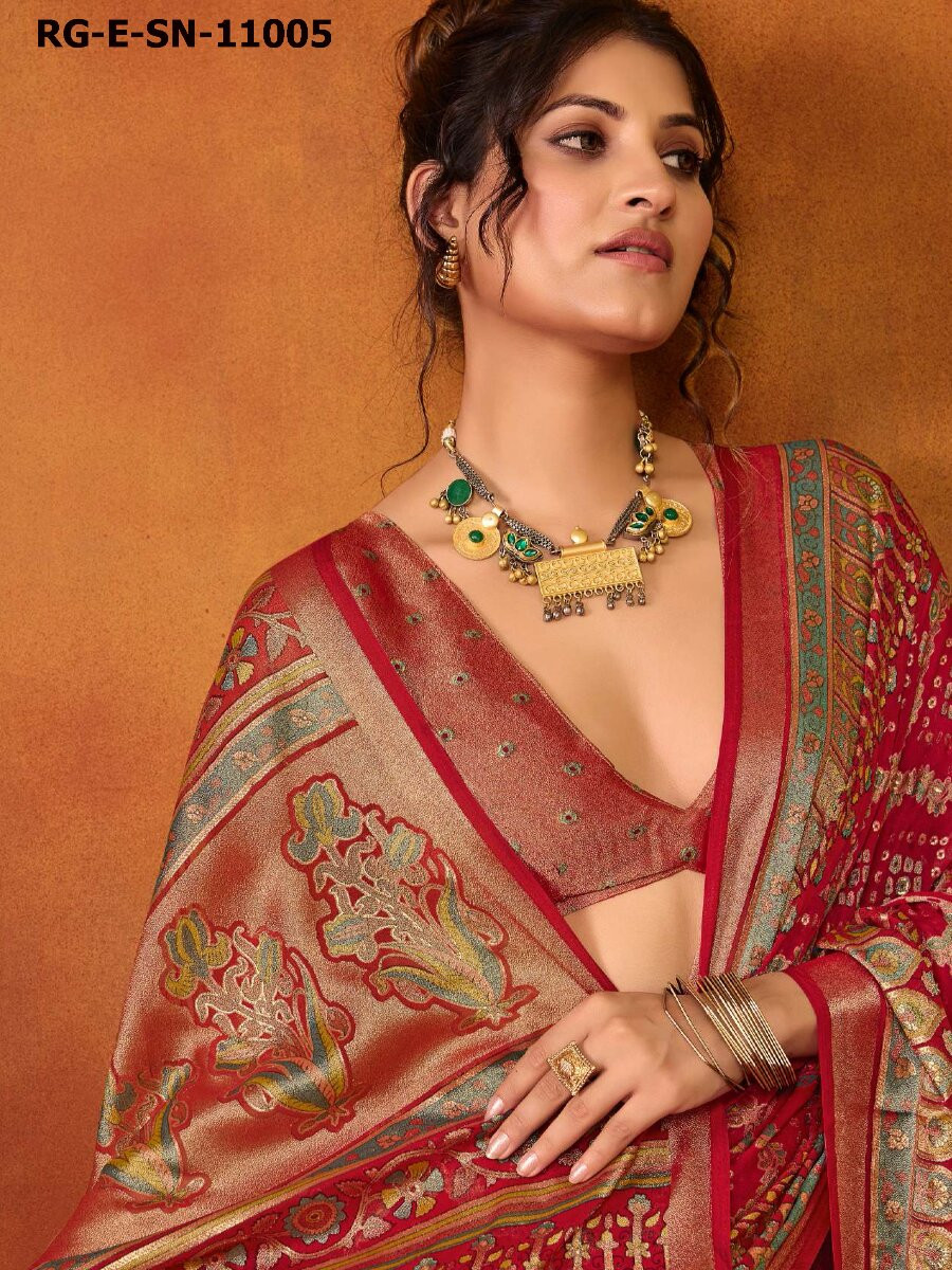 Red Silk Printed Wedding Reception Party Festival Casual Heavy Border Sarees