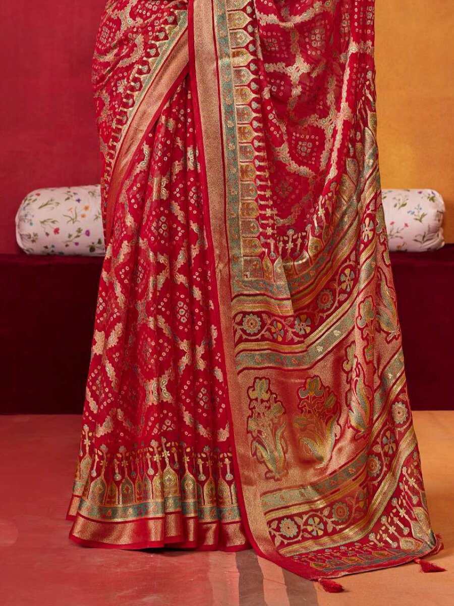 Red Silk Printed Wedding Reception Party Festival Casual Heavy Border Sarees