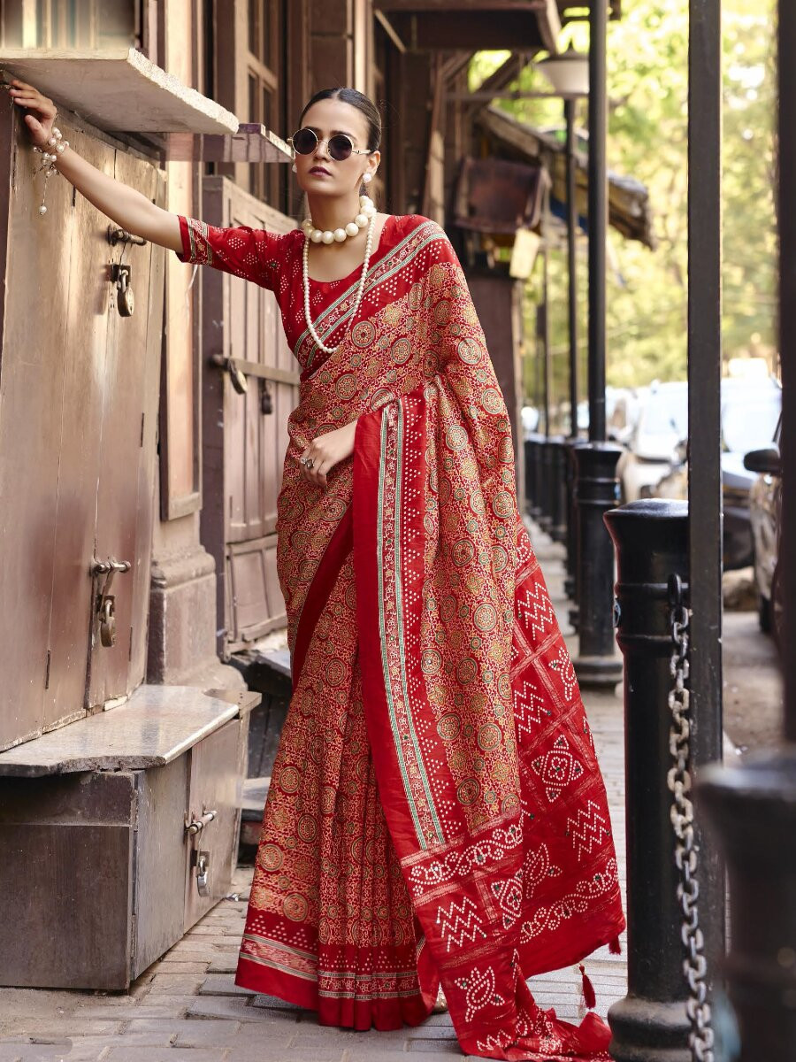 Red Silk Printed Wedding Reception Party Festival Casual Heavy Border Sarees