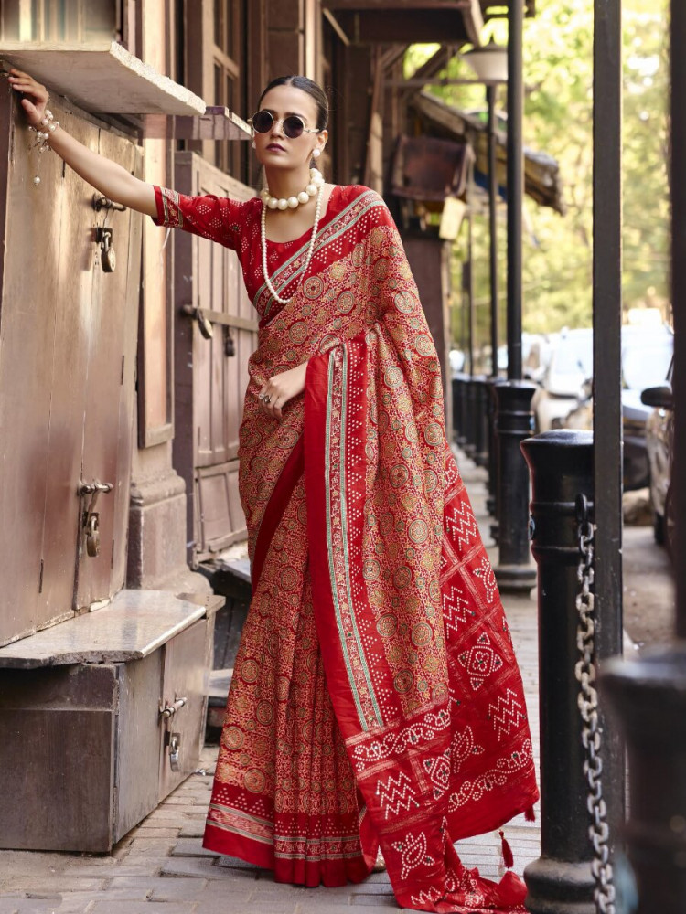 Image of Red Silk Printed Wedding Reception Party Festival Casual Heavy Border Sarees