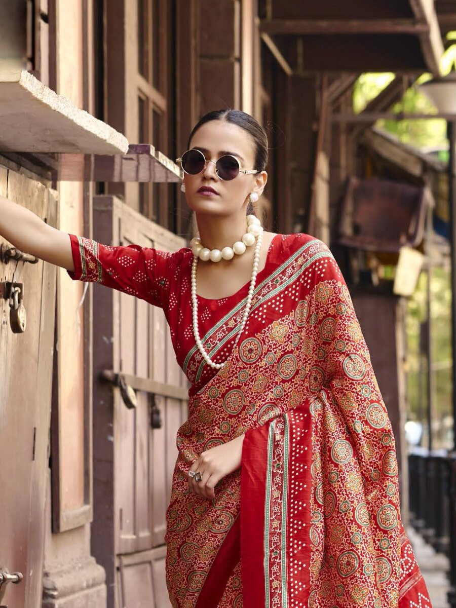 Red Silk Printed Wedding Reception Party Festival Casual Heavy Border Sarees