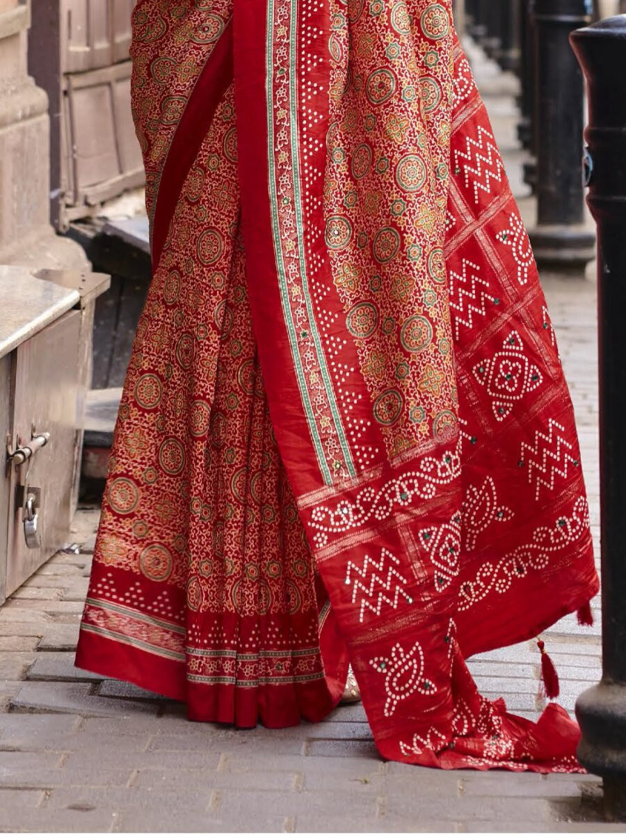 Red Silk Printed Wedding Reception Party Festival Casual Heavy Border Sarees