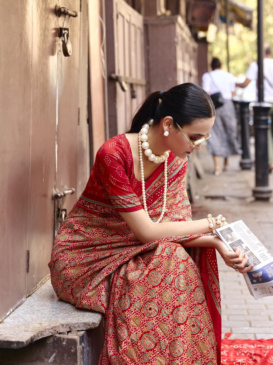 Red Silk Printed Wedding Reception Party Festival Casual Heavy Border Sarees