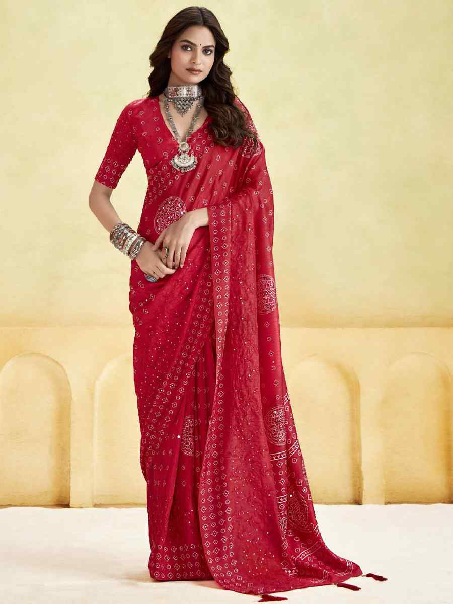 Red Silk Printed with Handwoven Festival Wedding Fancy Heavy Border Saree