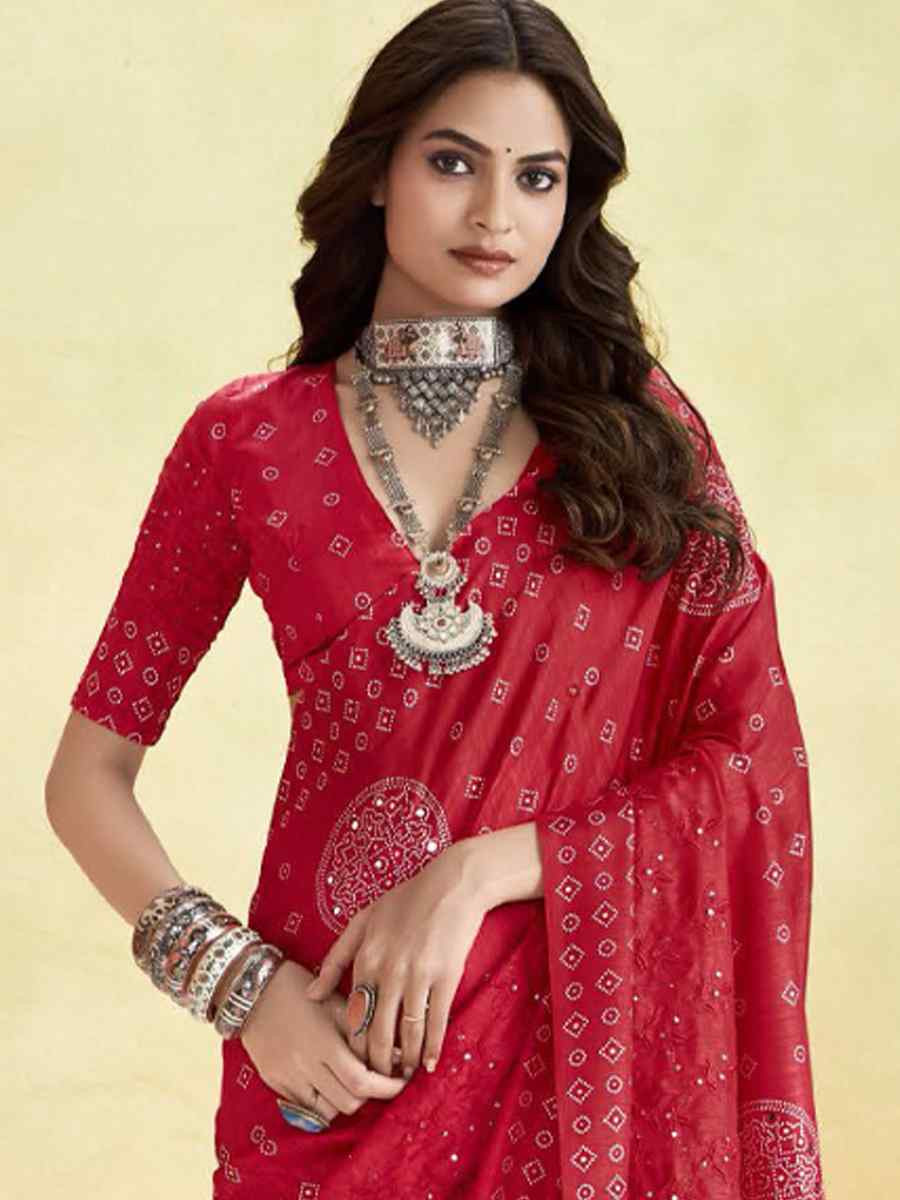 Red Silk Printed with Handwoven Festival Wedding Fancy Heavy Border Saree