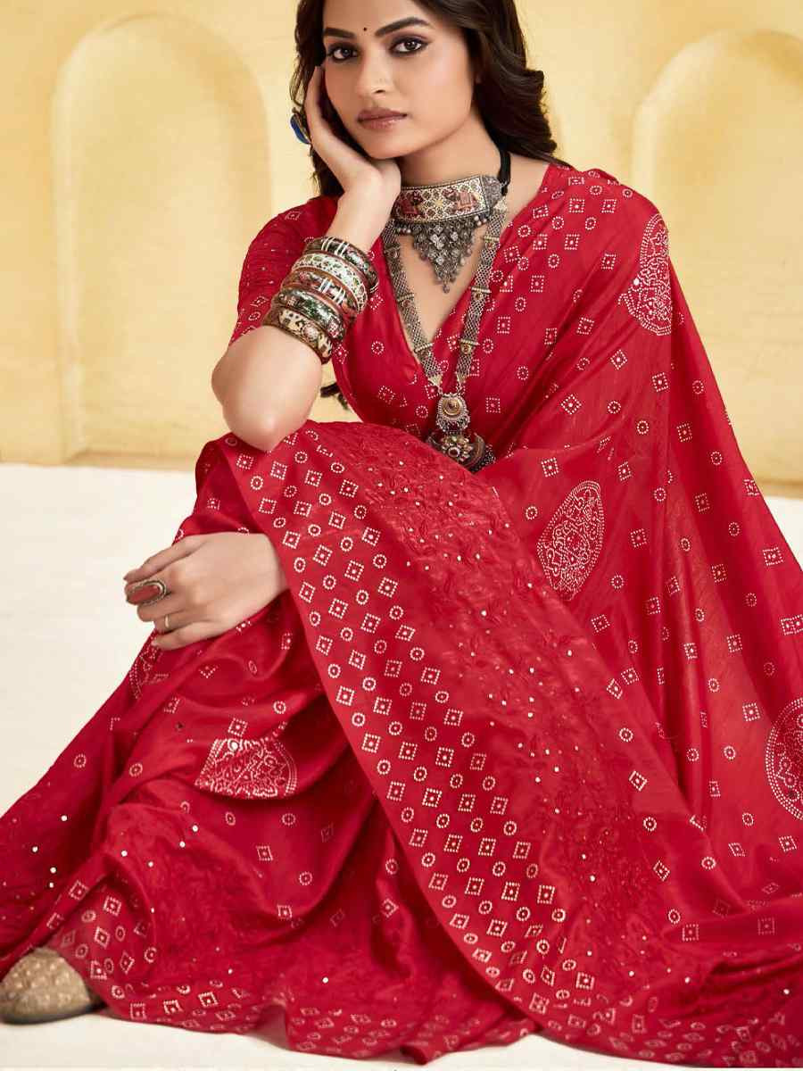 Red Silk Printed with Handwoven Festival Wedding Fancy Heavy Border Saree