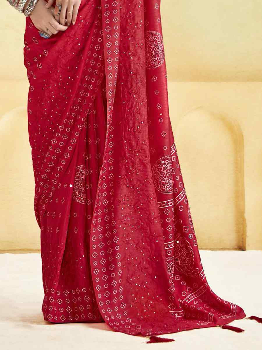 Red Silk Printed with Handwoven Festival Wedding Fancy Heavy Border Saree