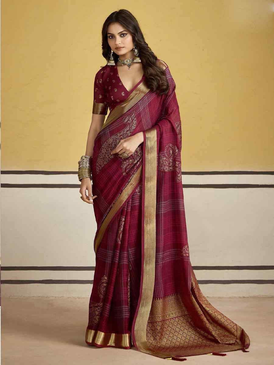 Red Silk Printed with Handwoven Festival Wedding Fancy Heavy Border Saree