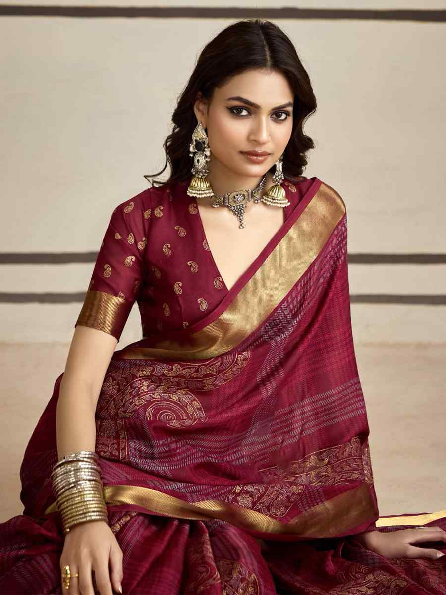 Red Silk Printed with Handwoven Festival Wedding Fancy Heavy Border Saree