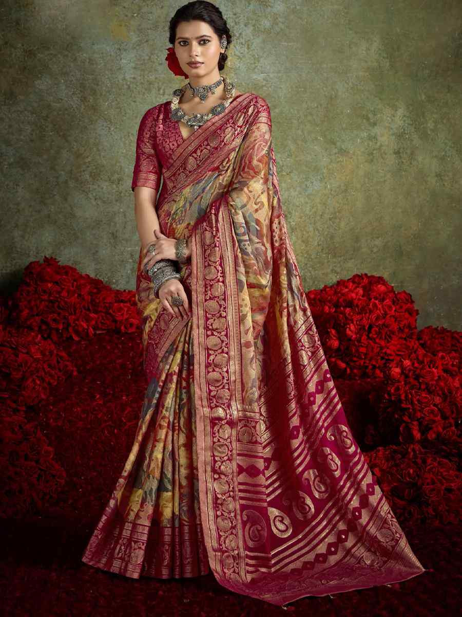 Red Silk Printed with Handwoven Festival Wedding Fancy Heavy Border Saree