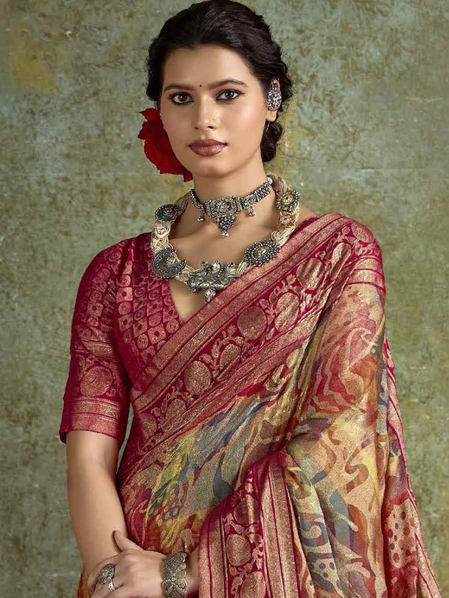 Red Silk Printed with Handwoven Festival Wedding Fancy Heavy Border Saree
