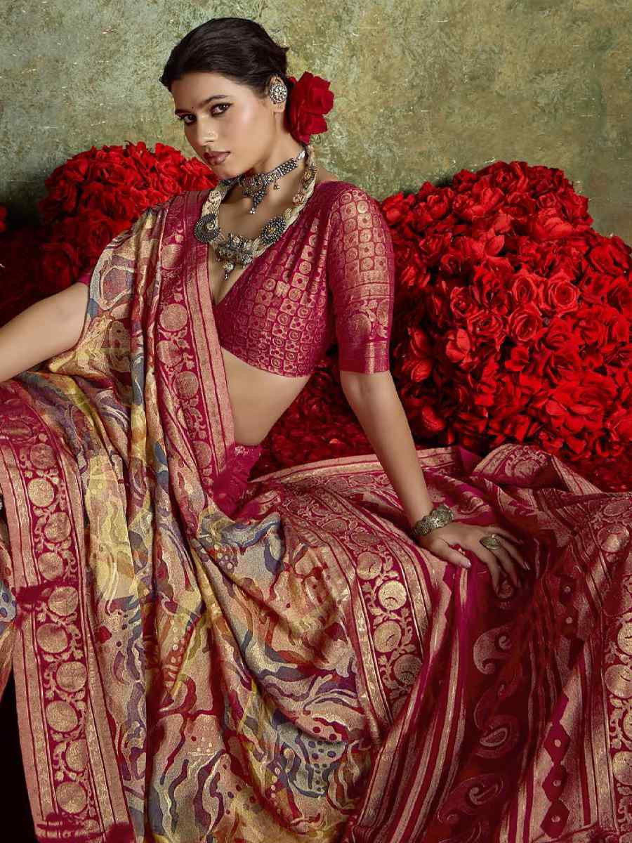 Red Silk Printed with Handwoven Festival Wedding Fancy Heavy Border Saree