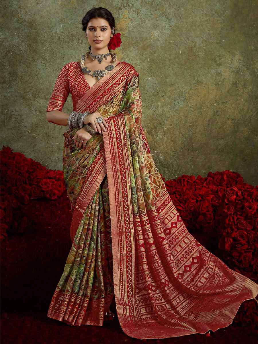 Red Silk Printed with Handwoven Festival Wedding Fancy Heavy Border Saree