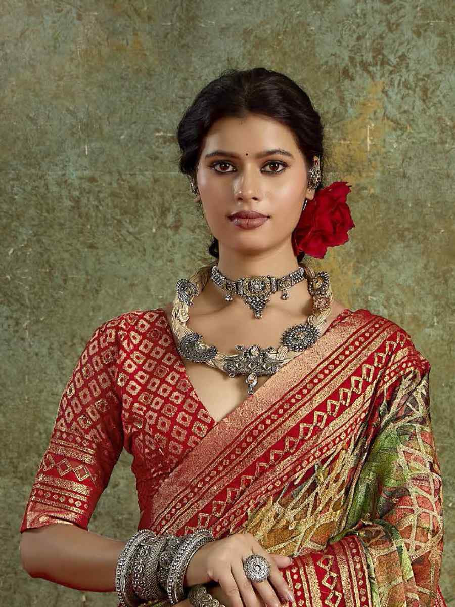 Red Silk Printed with Handwoven Festival Wedding Fancy Heavy Border Saree