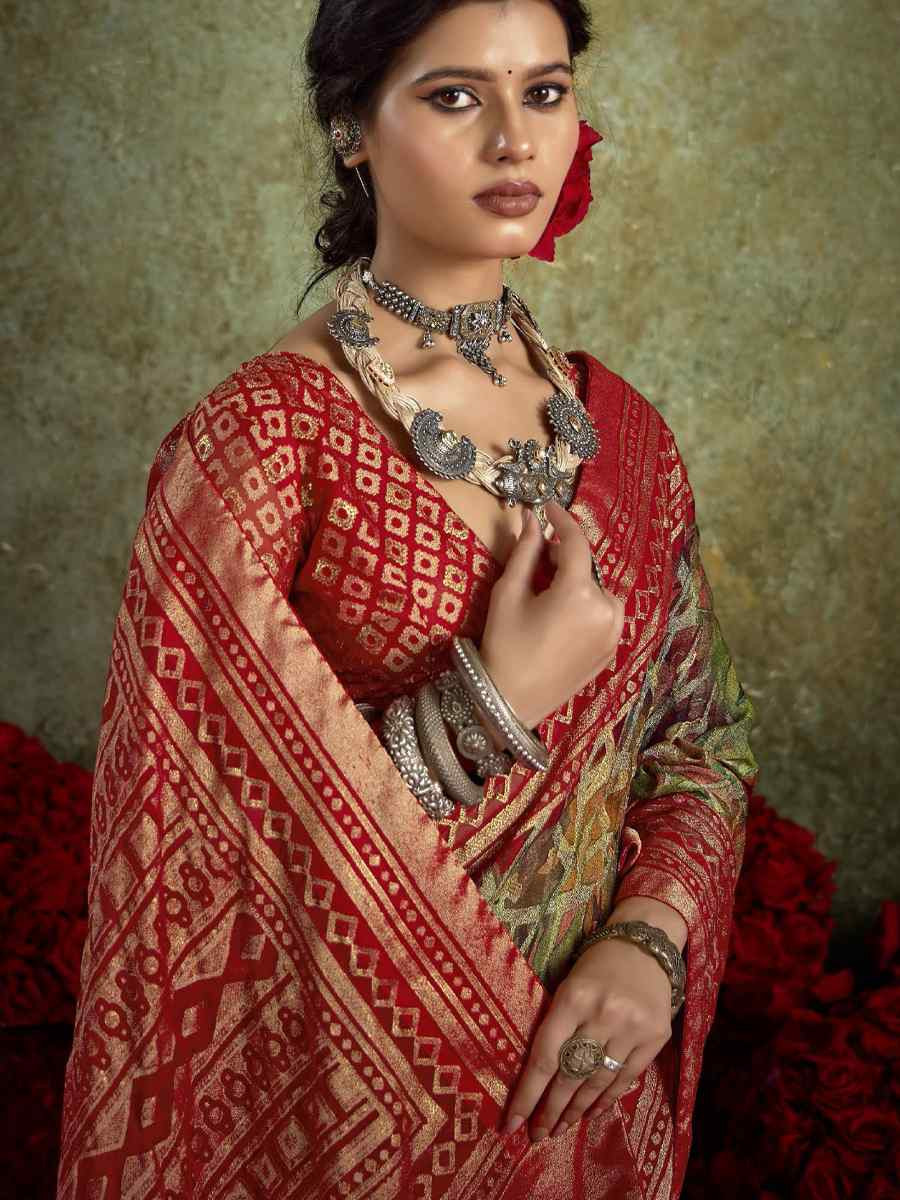 Red Silk Printed with Handwoven Festival Wedding Fancy Heavy Border Saree