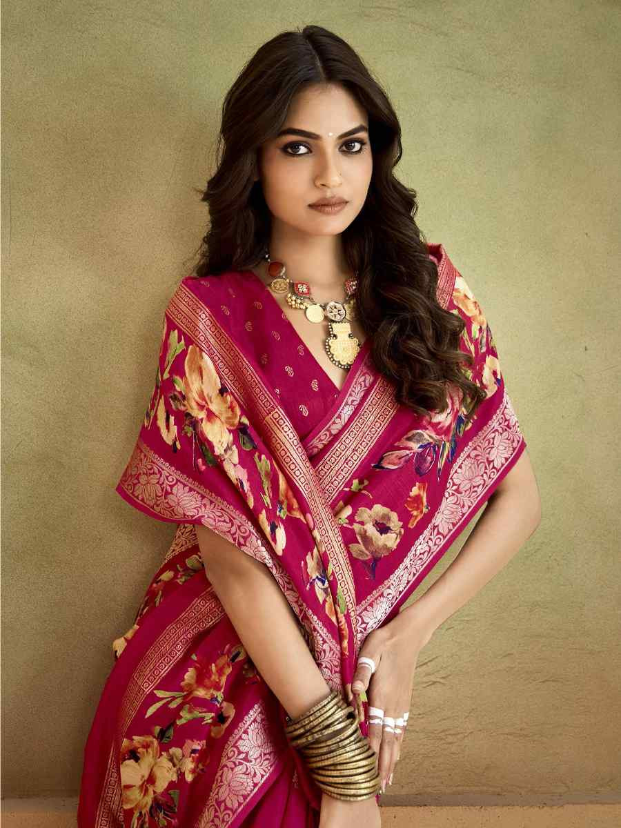 Red Silk Printed with Handwoven Festival Wedding Fancy Heavy Border Saree