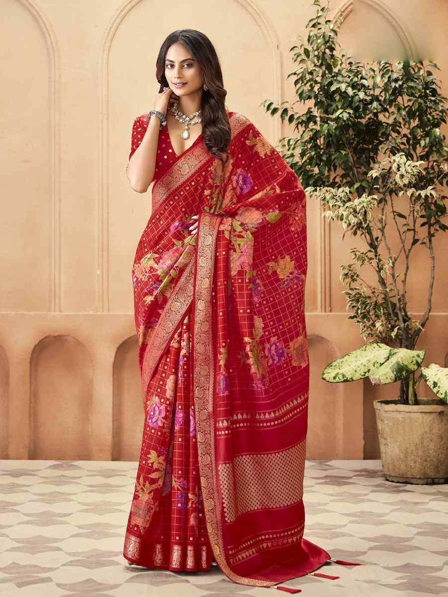 Red Silk Printed with Handwoven Festival Wedding Fancy Heavy Border Saree