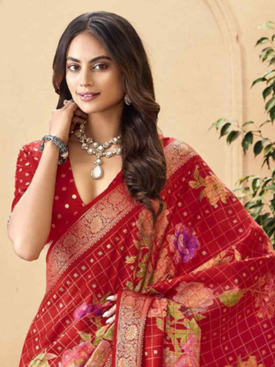 Red Silk Printed with Handwoven Festival Wedding Fancy Heavy Border Saree