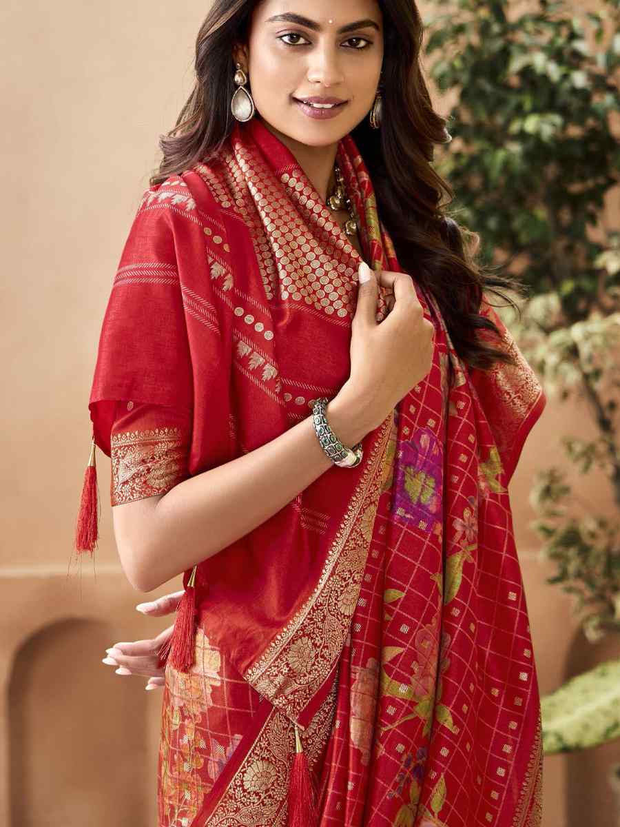 Red Silk Printed with Handwoven Festival Wedding Fancy Heavy Border Saree