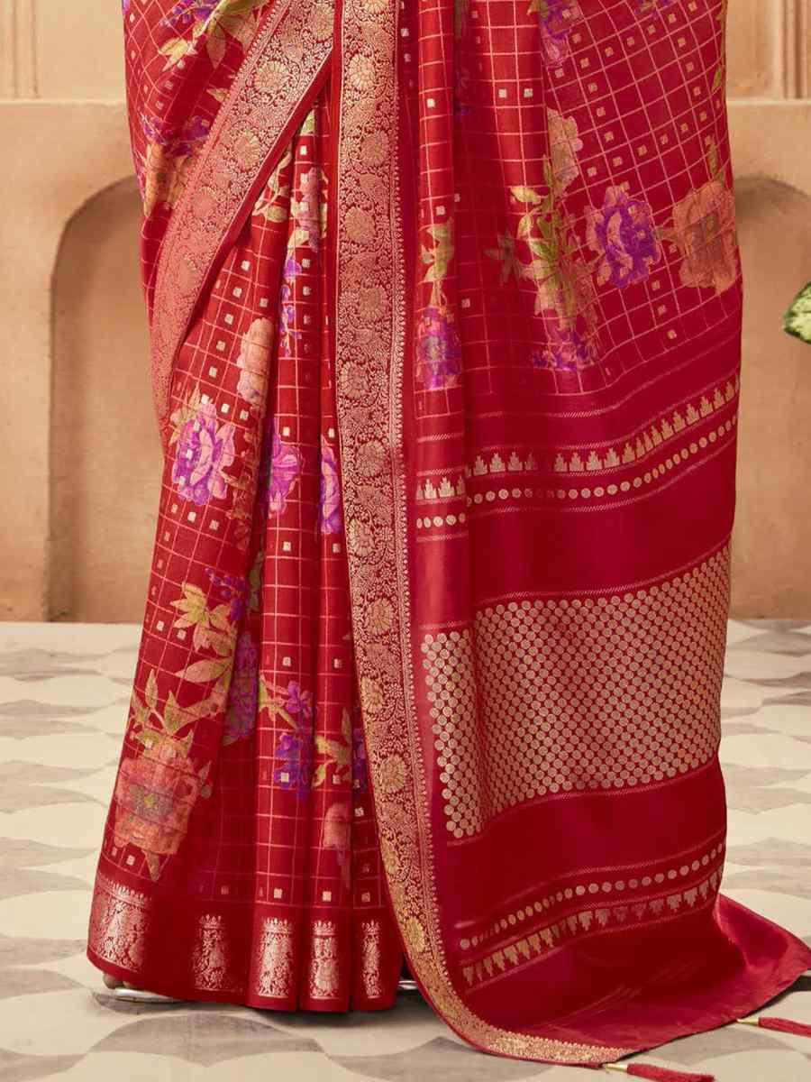 Red Silk Printed with Handwoven Festival Wedding Fancy Heavy Border Saree