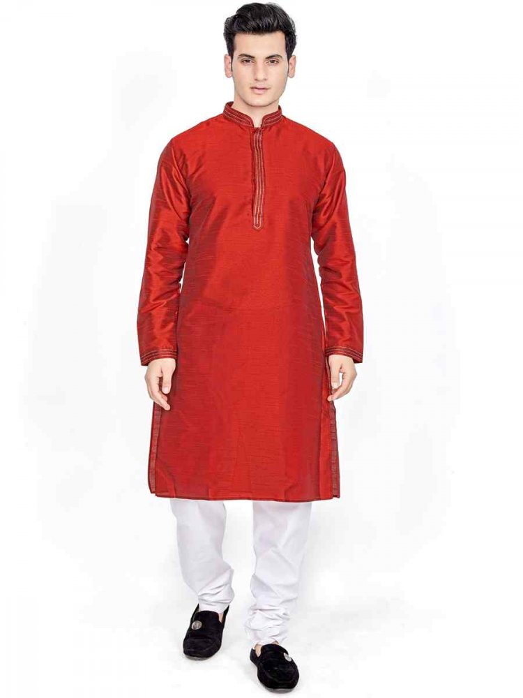 Red Silk Woven Festival Kurta