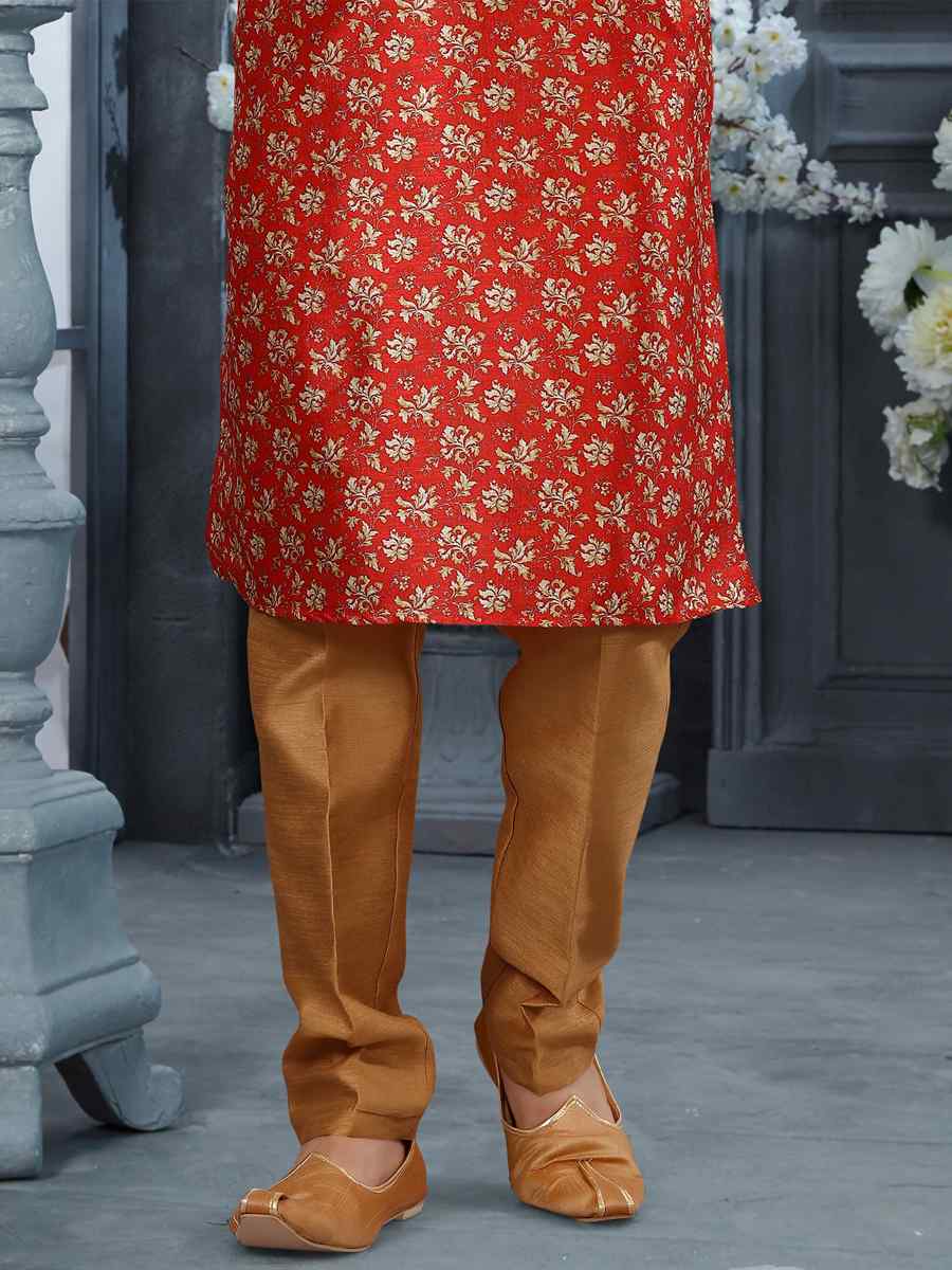Red Silk Woven Festival Party Kurta
