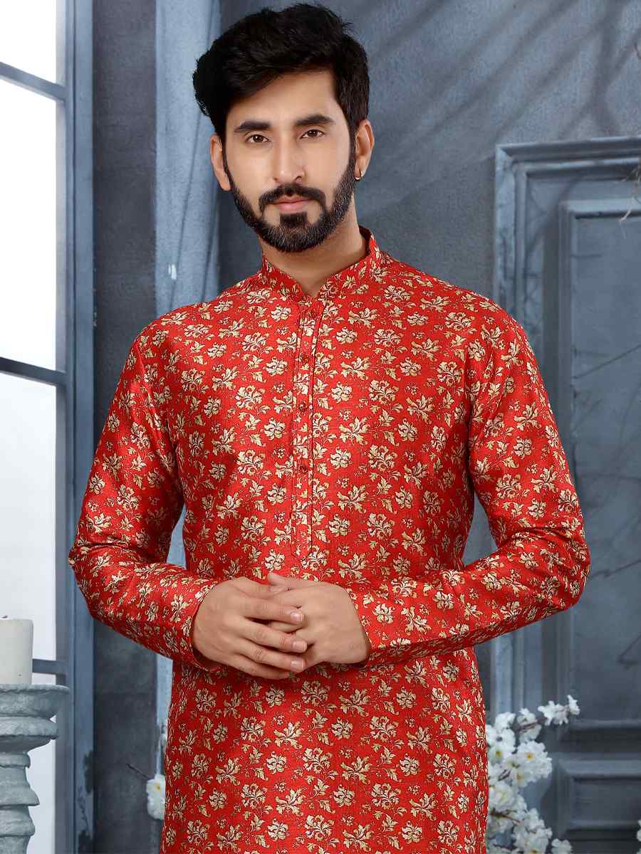 Red Silk Woven Festival Party Kurta