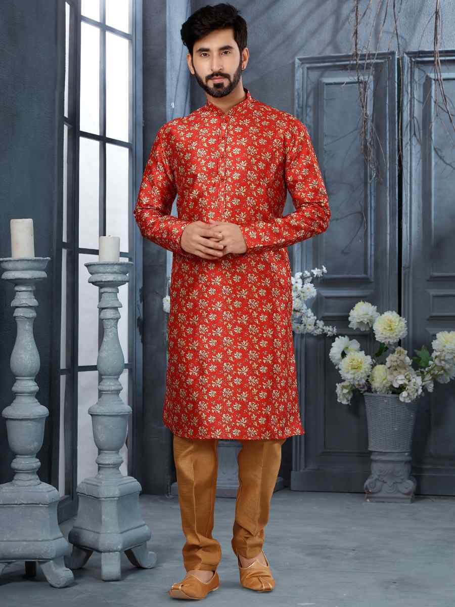 Red Silk Woven Festival Party Kurta