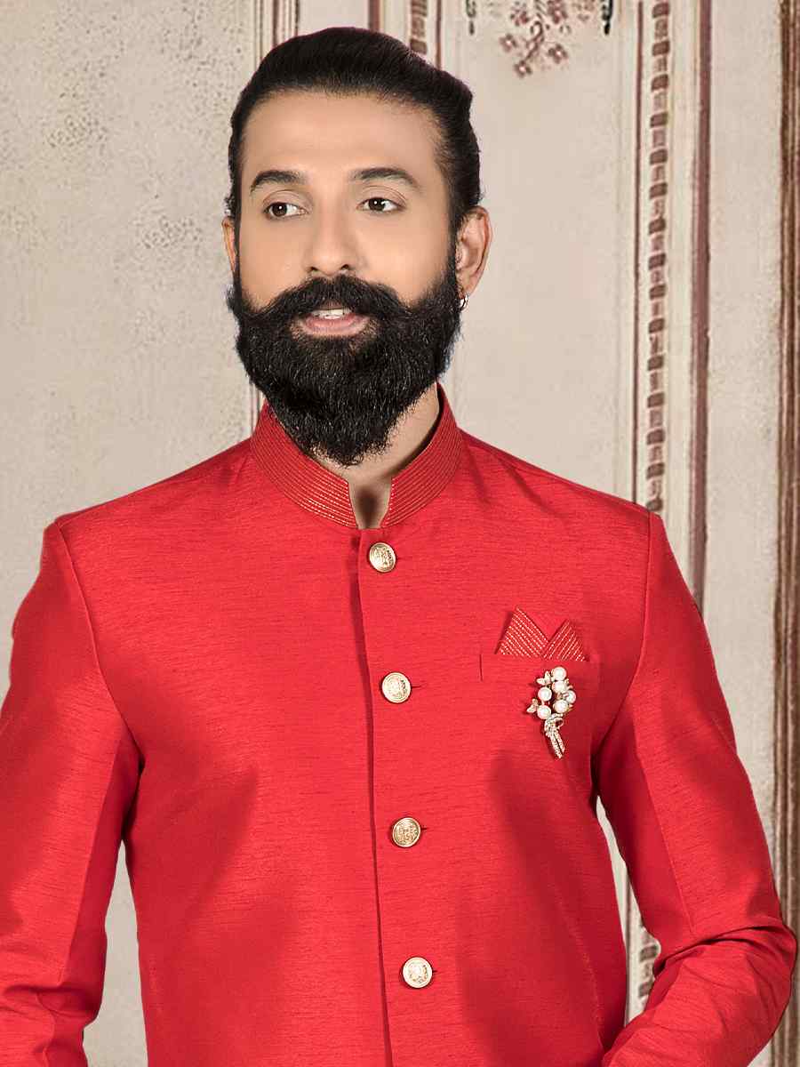 Red Silk Woven Festival Wedding Sherwani Kurta