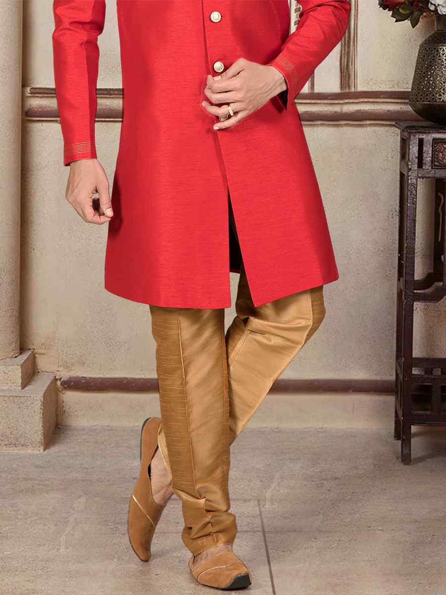 Red Silk Woven Festival Wedding Sherwani Kurta
