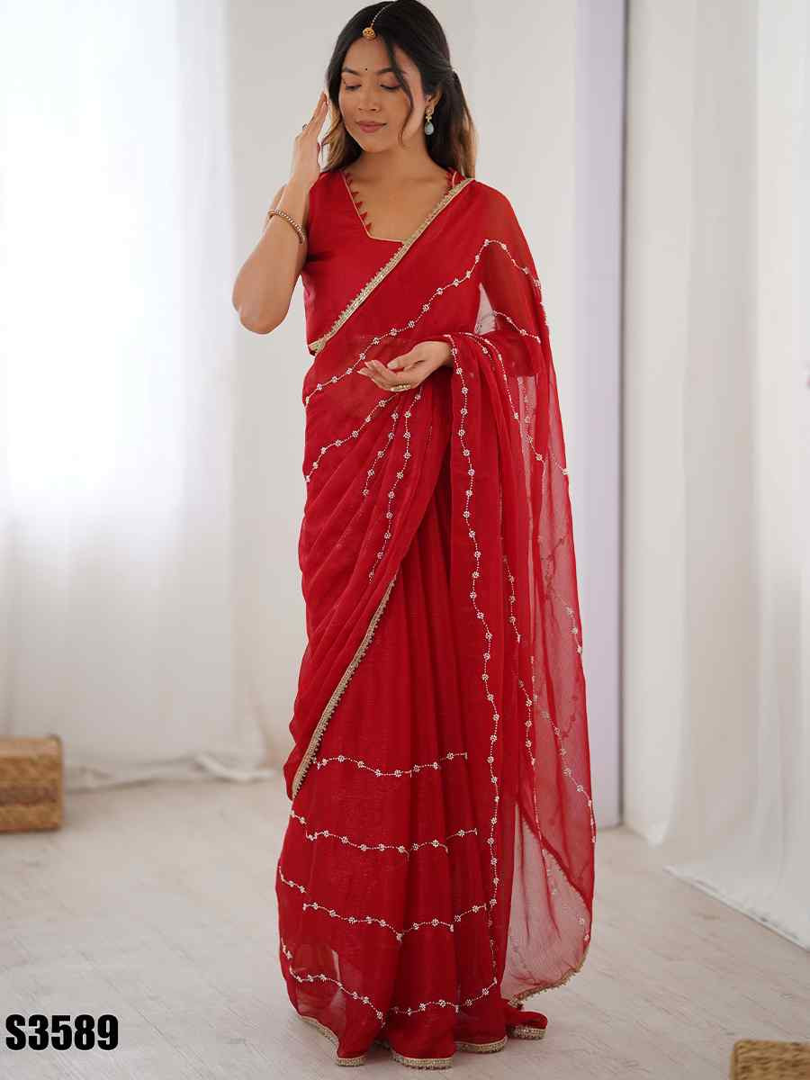 Red Sitara Chiffon Embroidered Festival Wedding Fancy Heavy Border Saree