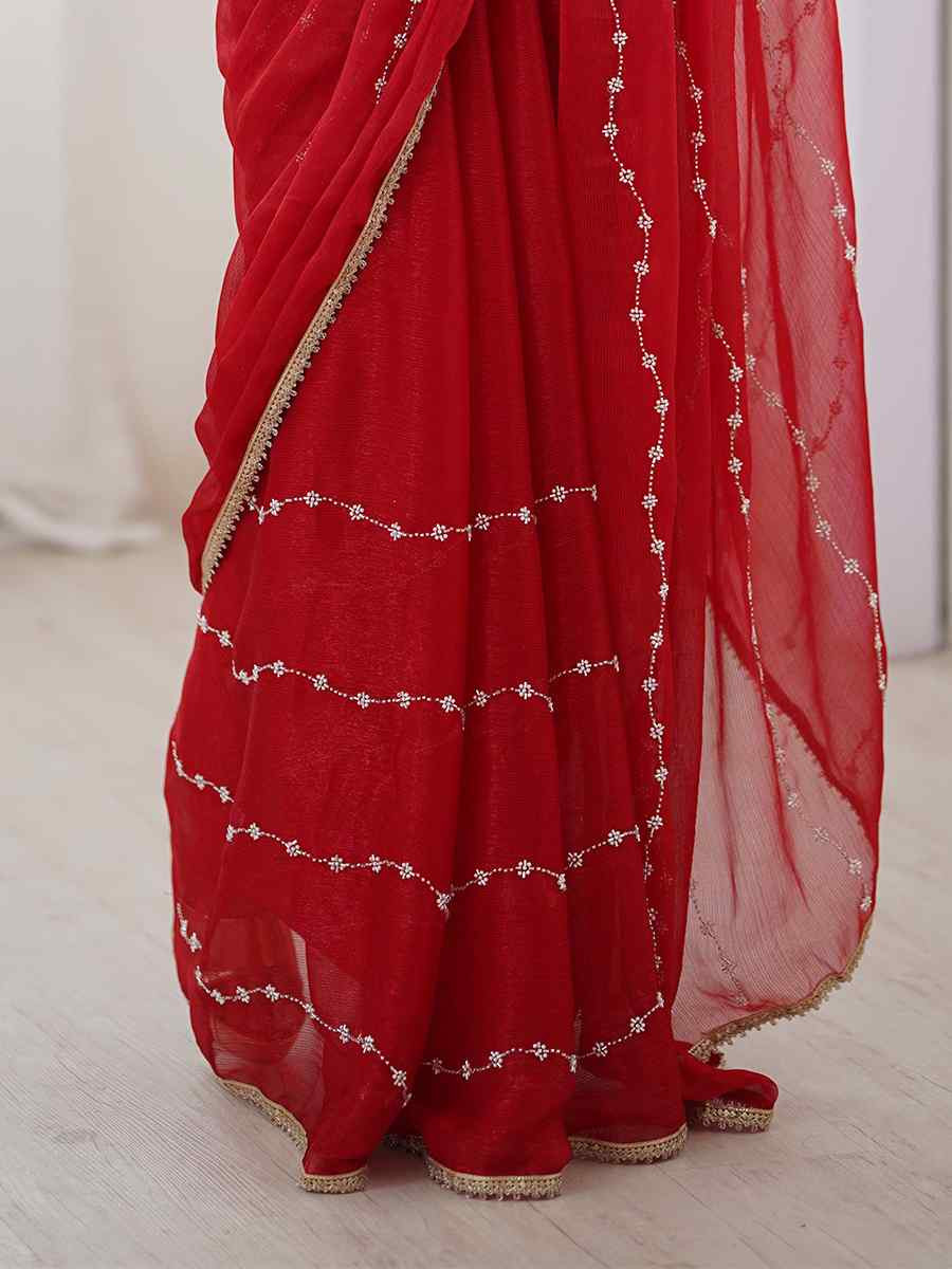 Red Sitara Chiffon Embroidered Festival Wedding Fancy Heavy Border Saree