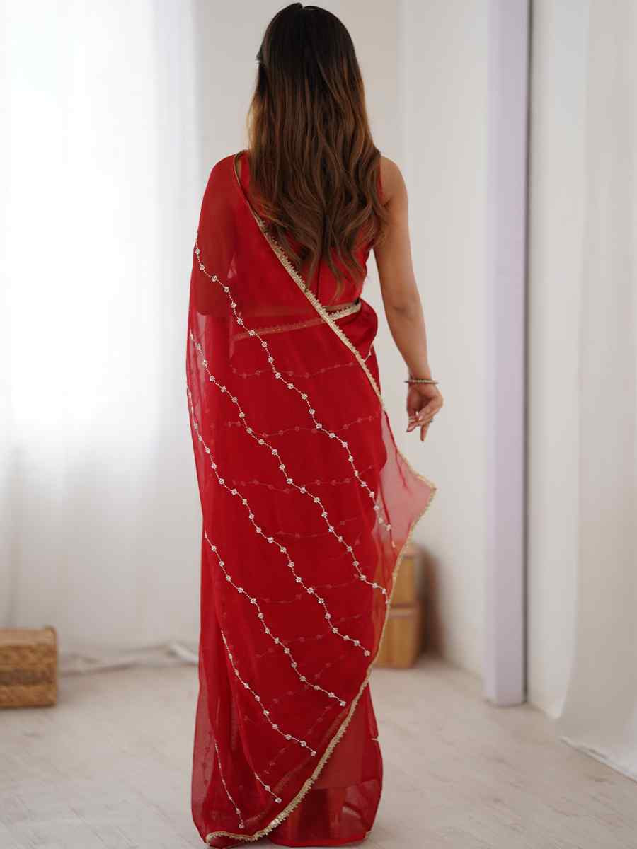 Red Sitara Chiffon Embroidered Festival Wedding Fancy Heavy Border Saree