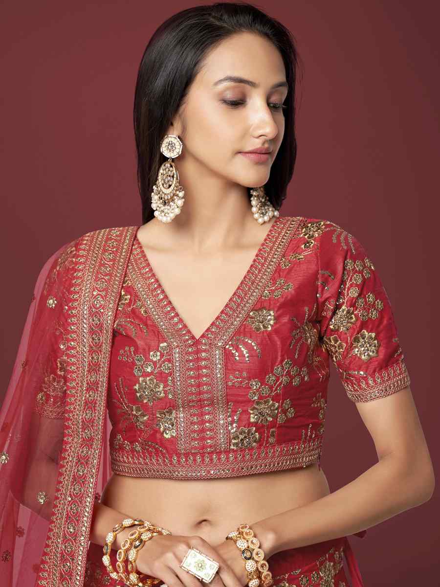 Red Slub Silk Embroidered Engagement Wedding Heavy Border Lehenga Choli