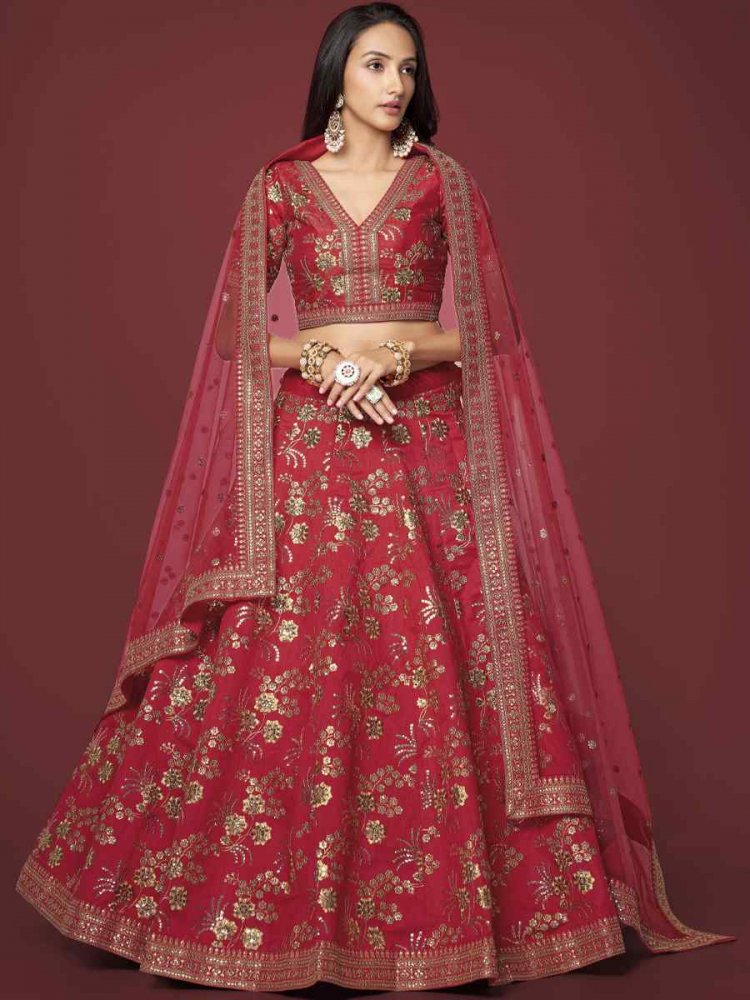 Red Slub Silk Embroidered Engagement Wedding Heavy Border Lehenga Choli