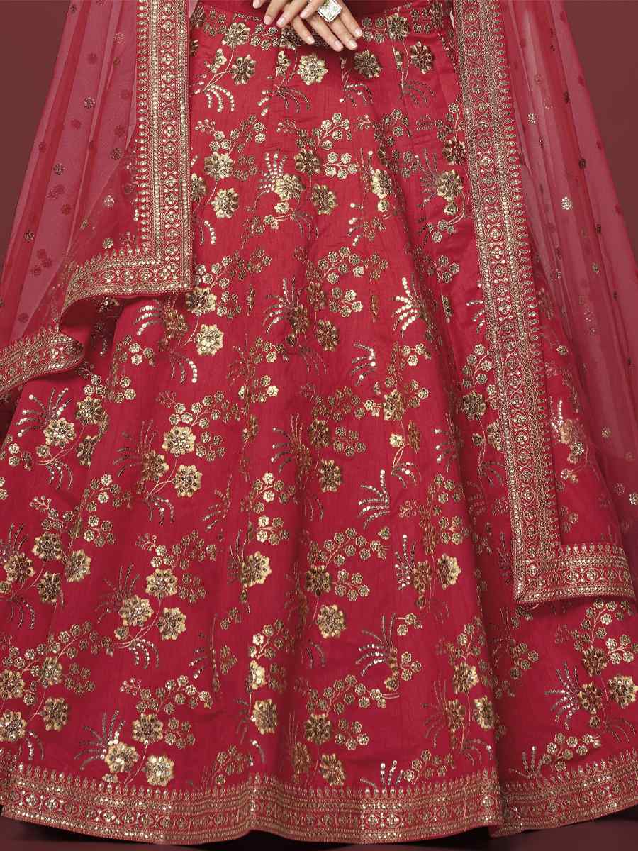 Red Slub Silk Embroidered Engagement Wedding Heavy Border Lehenga Choli