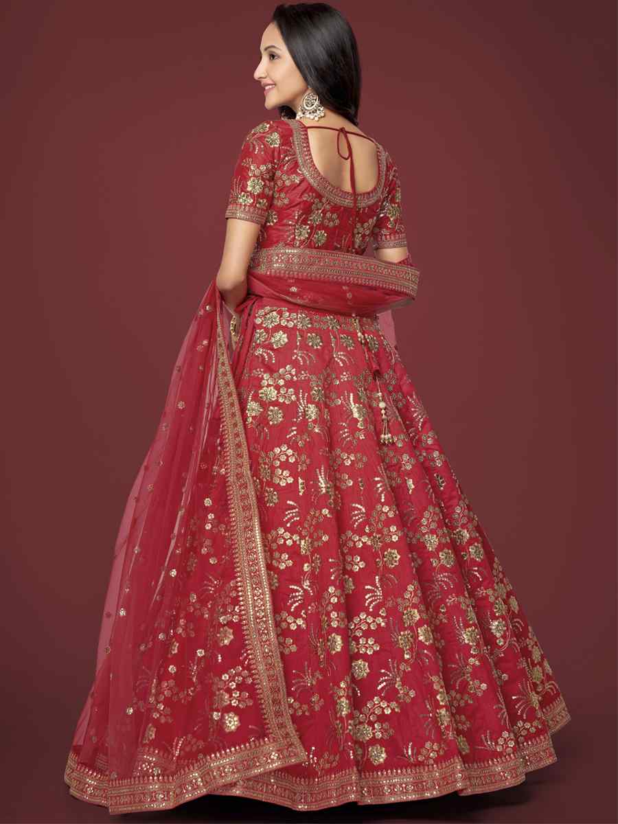 Red Slub Silk Embroidered Engagement Wedding Heavy Border Lehenga Choli