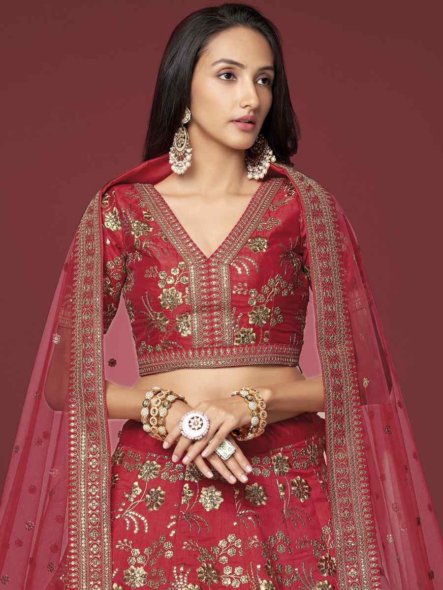 Red Slub Silk Embroidered Engagement Wedding Heavy Border Lehenga Choli