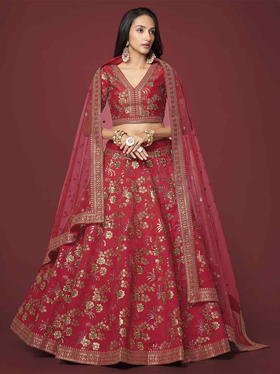 Red Slub Silk Embroidered Wedding Reception Festival Heavy Border Lehenga Choli