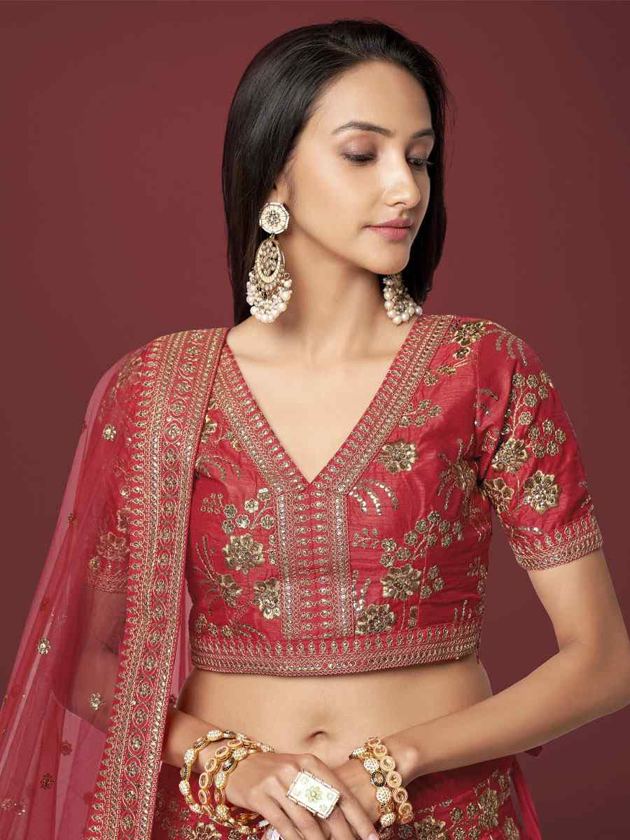 Red Slub Silk Embroidered Wedding Reception Festival Heavy Border Lehenga Choli