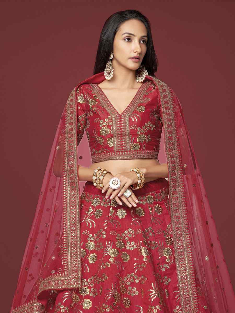 Red Slub Silk Embroidered Wedding Reception Festival Heavy Border Lehenga Choli