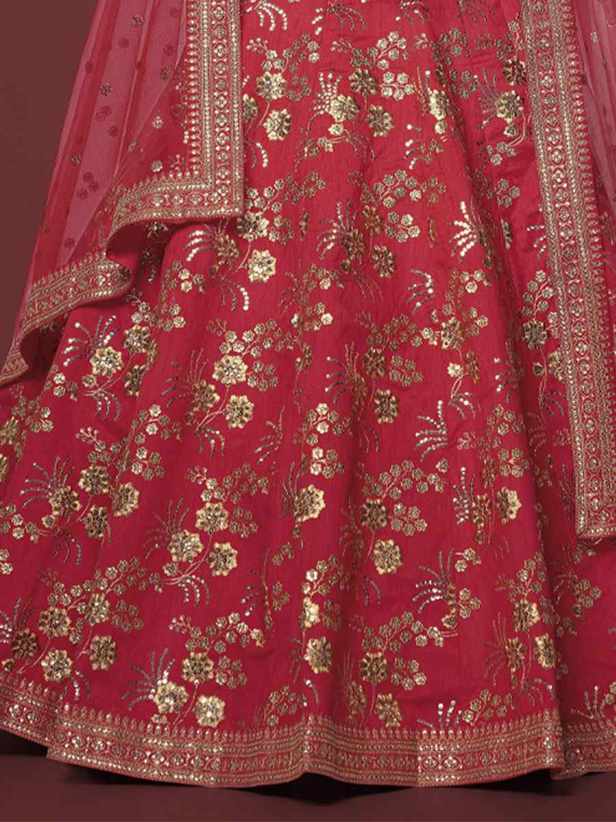 Red Slub Silk Embroidered Wedding Reception Festival Heavy Border Lehenga Choli