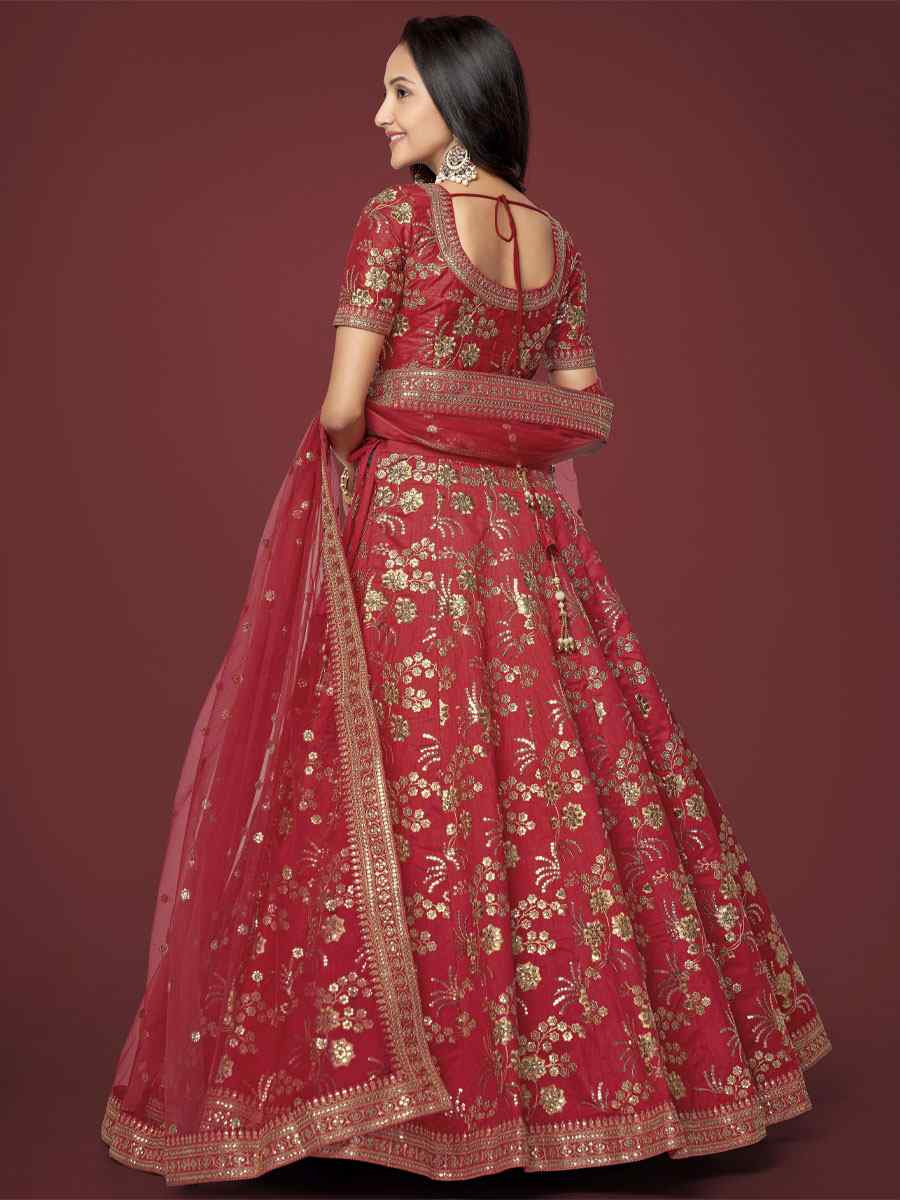 Red Slub Silk Embroidered Wedding Reception Festival Heavy Border Lehenga Choli