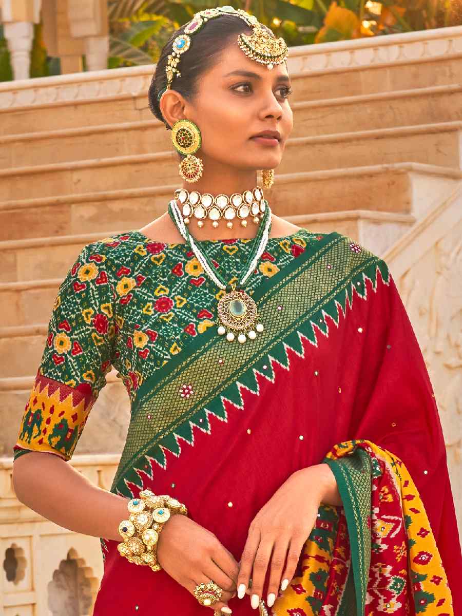 Red Smooth Patola Printed Casual Festival Contemporary Saree
