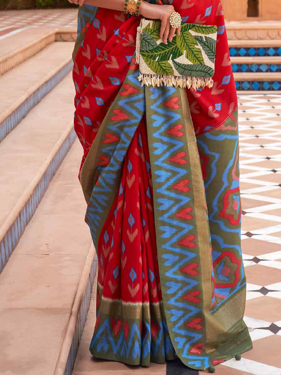 Red Smooth Patola Printed Party Festival Contemporary Saree
