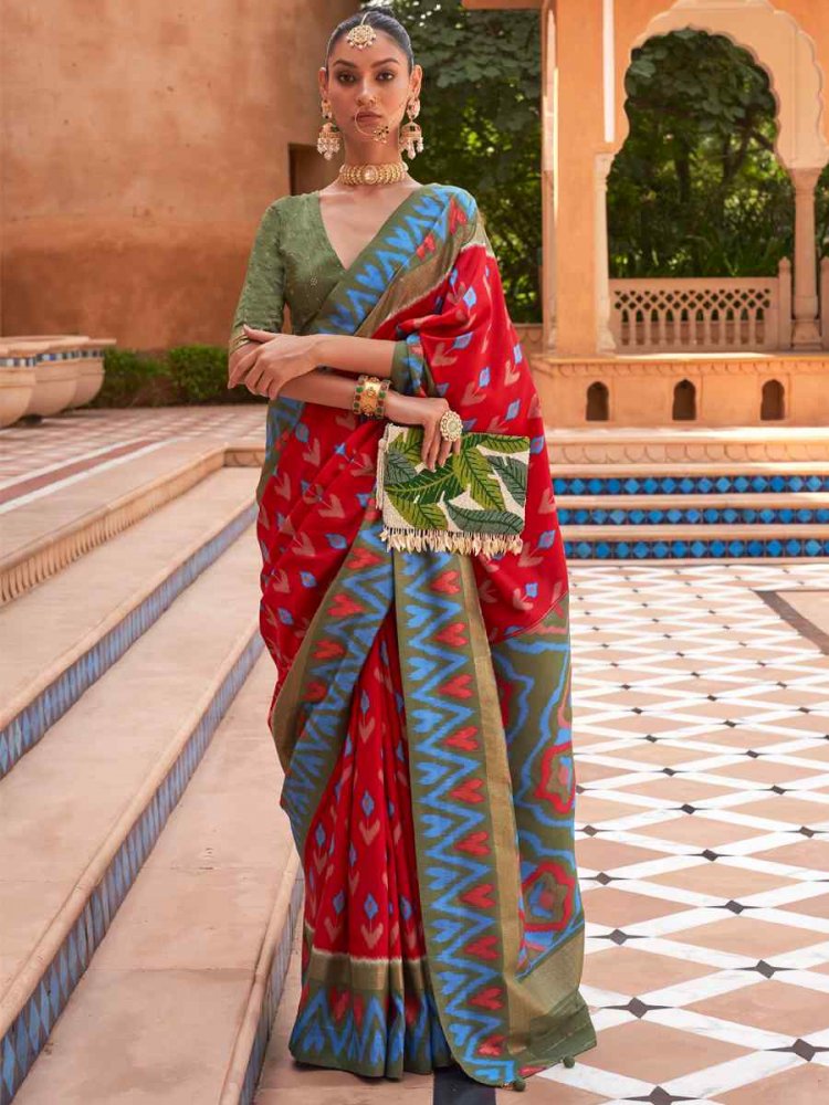 Red Smooth Patola Printed Party Festival Contemporary Saree