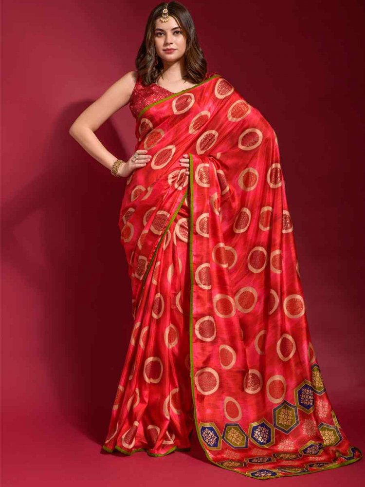 Red Smooth Silk Printed Casual Festival Contemporary Saree